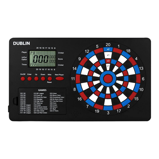 Contador de dardos XQMax Dublin Das Bild zeigt den "XQMax Dublin Dart Counter", ein elektronisches Dartspiel mit eingebautem Punktezähler. Links befindet sich ein digitales Display und Tasten zur Spielsteuerung, rechts das bunte Dartboard mit verschiedenen Zahlenfeldern.