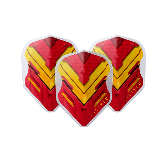 Vuelos L-Style V-Series V1 Tipo A España Blanco transparente L3EZ Das Bild zeigt drei Dart-Flights mit einem auffälligen roten und gelben Muster. Auf den Flights steht in gelber Schrift "L-STYLE".