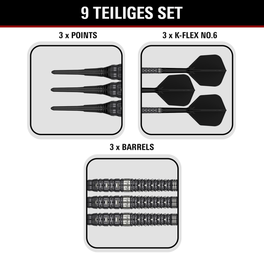Dardos blandos Target Black Marque Eclipse - 21 g Target Black Marque Eclipse Softdarts mit 21g-Gewicht werden dargestellt. Das Produkt zeichnet sich durch ein elegantes schwarzes Design aus.