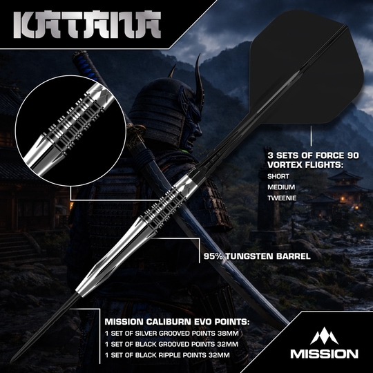 Dardos de acero Mission Katana Mission Katana Steeldarts werden präsentiert. Das Foto zeigt das Produkt detailliert für eine bessere Ansicht.
