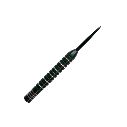 Barriles de dardos de acero McDart Silver Green Das Bild zeigt einen McDart Silver Green Steeldart Barrel. Der Dart hat silberne und grüne Rillen und eine schwarze Spitze.