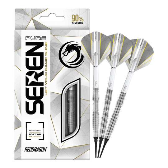 Dardos blandos Red Dragon Seren 3 Pure - 20 g Das Bild zeigt die Red Dragon Seren 3 Pure Softdarts mit 20g Gewicht. Die Verpackung hebt hervor, dass die Darts zu 90% aus Tungsten bestehen.