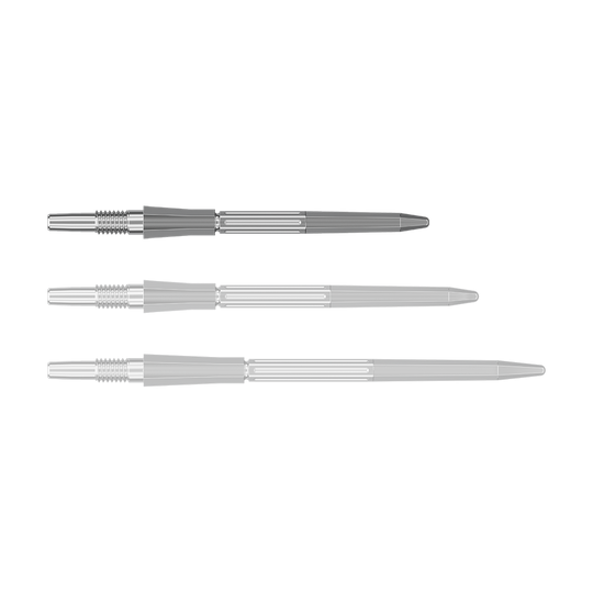 Abgebildet ist eine silberne SwissPoint Dartspitze, 30 mm lang. Die Spitze stammt vermutlich von Target Elysian Archetype 43.