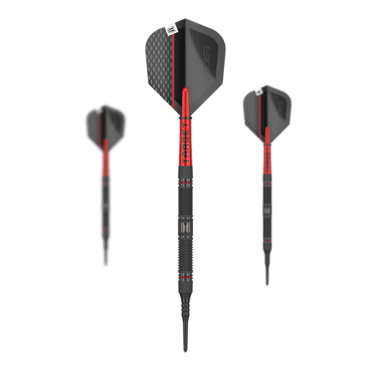 Target Scope 10 dardos blandos Das Bild zeigt drei Softdarts des Produkts „Target Scope 10“. Die Darts sind überwiegend schwarz mit roten Akzenten und haben ein modernes Design.