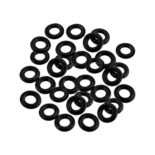 HRC51_Harrows_Clic_O-Rings_30er_1 Auf dem Bild sind mehrere schwarze Harrows Clic O-Rings zu sehen. Sie sind kreisförmig und liegen lose auf einer Fläche verteilt.