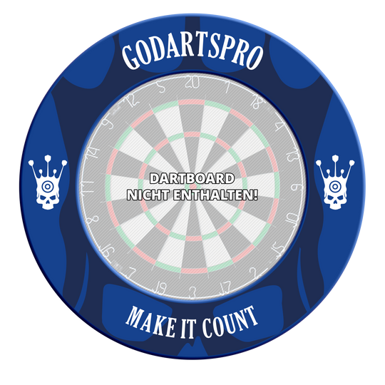 Abgebildet ist erneut ein Dartboard-Surround in Blau von GoDartsPro. Es wurde zur Sicherheit und Optik beim Dartspielen entwickelt.