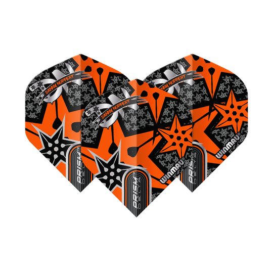 Vuelos estándar Winmau Prism Delta Danny Noppert Orange Signature No2 Das Bild zeigt drei Dart-Flights mit auffälligem orange-schwarzem Design. Auf den Flights steht "Danny Noppert" und "Winmau Prism Delta".