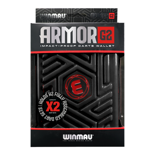 Cartera para dardos Winmau Armor G2 Dies ist eine schwarze, stoßfeste Darttasche der Marke Winmau namens "Armor G2". Sie bietet Platz für zwei komplett montierte Dart-Sets.