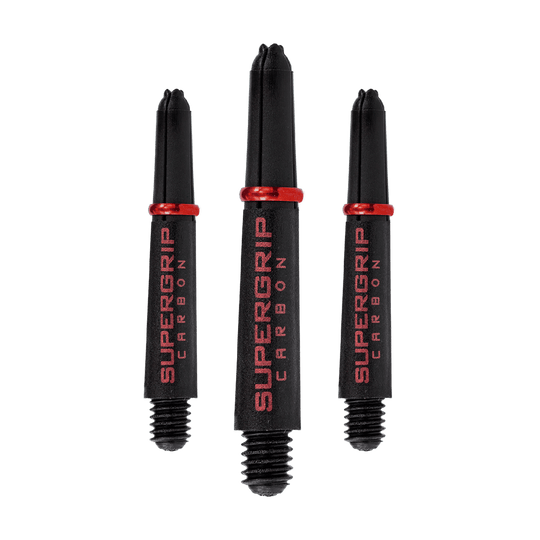 HR357_Harrows_Supergrip_Carbon_Shafts_Rot_33mm_12Lghz75QyQAGv Das Bild zeigt drei schwarze Harrows Supergrip Carbon Shafts mit rotem Schriftzug und roten Ringen. Die Dartschäfte sind in verschiedenen Längen abgebildet.