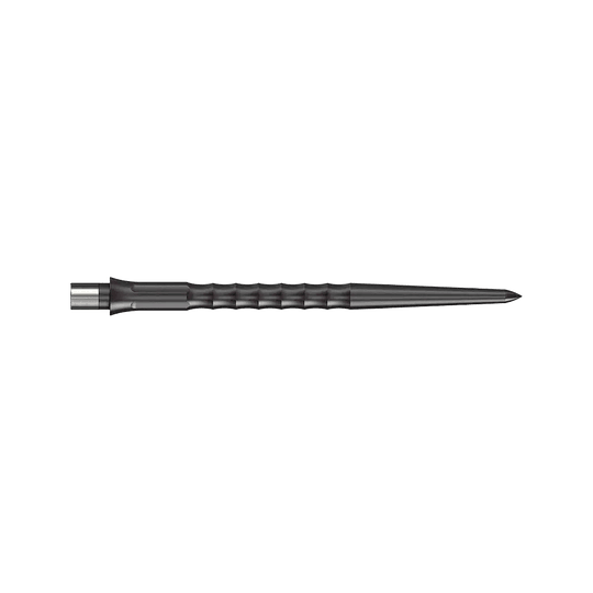 Puntas Steeldart del sistema Caliburn - Ondulada - Sin labio - Negras Das Bild zeigt eine schwarze Steeldartspitze mit Ripple NoLip Design, 36 mm lang. Die Spitze gehört zum Caliburn Evo System.