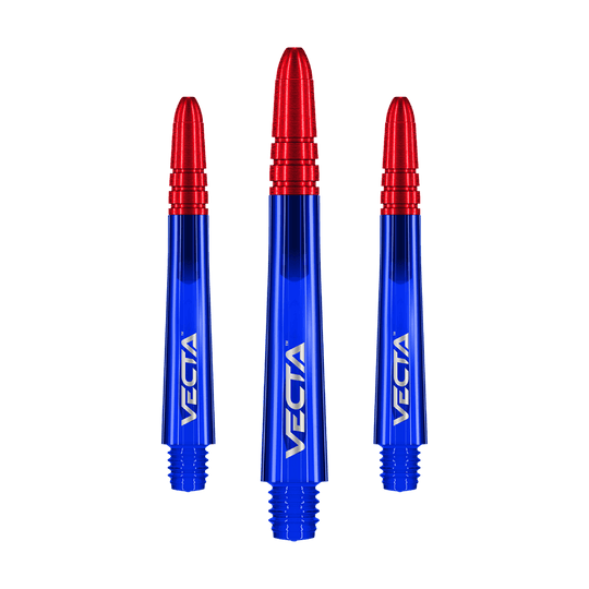 Auf dem Bild sind drei Dartschäfte in leuchtendem Blau mit roten Spitzen zu sehen. Auf jedem Schaft steht das Wort "VECTA" in weißer Schrift.