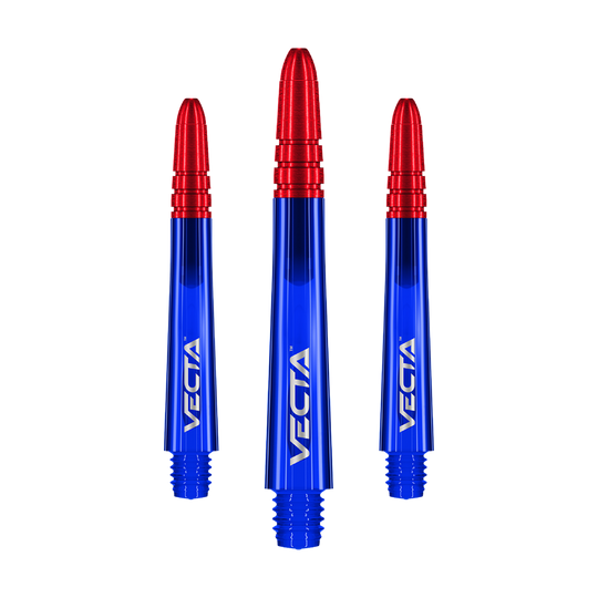 Flechas Winmau Vecta - Azul Rojo Auf dem Bild sind drei Dartschäfte in leuchtendem Blau mit roten Spitzen zu sehen. Auf jedem Schaft steht das Wort "VECTA" in weißer Schrift.