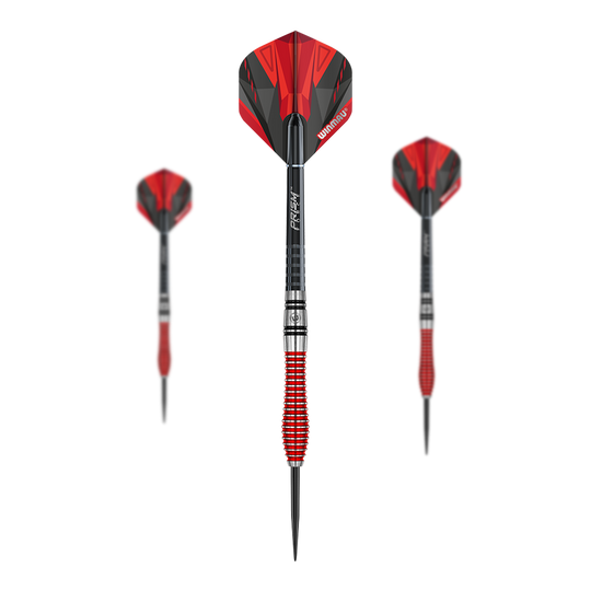 Dardos de acero Winmau Dennis Priestley Edición Especial Das Bild zeigt drei Winmau Dennis Priestley Special Edition Steeldarts. Die Darts haben ein auffälliges rot-schwarzes Design und besitzen eine griffige, rot-silberne Barrel.