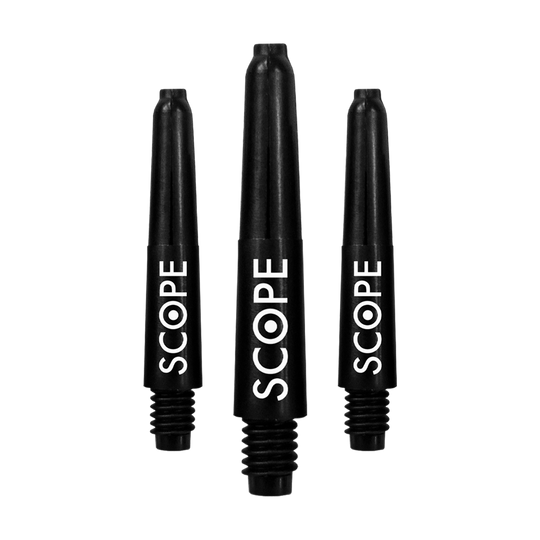 Das Bild zeigt drei schwarze McDart Scope Nylon Shafts für Darts. Auf jedem Shaft steht das Wort "SCOPE" in weißer Schrift.