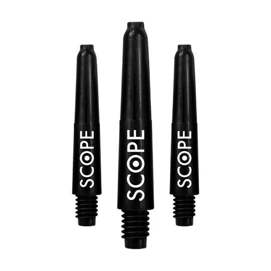 520_McDart_Scope_Nylon_Shafts_Schwarz_28mm_137xfLPXNJlWWZ Das Bild zeigt drei schwarze McDart Scope Nylon Shafts für Darts. Auf jedem Shaft steht das Wort "SCOPE" in weißer Schrift.