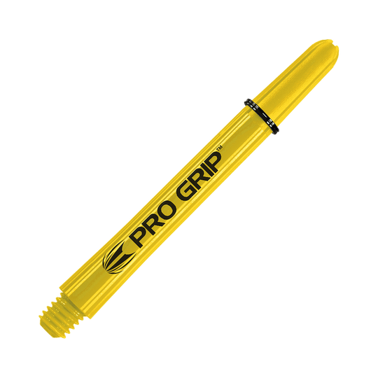 Das Bild zeigt einen gelben Dart-Schaft mit der Aufschrift "PRO GRIP". Der Schaft hat eine Länge von 48 mm und ist für den Einsatz bei Darts geeignet.