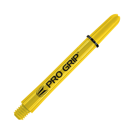 Varillas Target Pro Grip - 3 juegos - Amarillo Das Bild zeigt einen gelben Dart-Schaft mit der Aufschrift "PRO GRIP". Der Schaft hat eine Länge von 48 mm und ist für den Einsatz bei Darts geeignet.