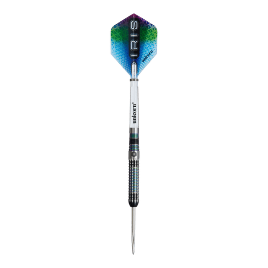 Das Bild zeigt einen Steeldart namens "Unicorn Iris". Der Dart hat einen bunten Flight mit dem Schriftzug "IRIS" und einen metallischen Schaft.