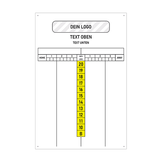 INSCORE3_Scoreboard_mit_Wunschdruck_40x60cm_Gelb_3 Das Bild zeigt ein Scoreboard mit den Maßen 40 x 60 cm, auf dem Platz für ein individuelles Logo und eigenen Text oben vorhanden ist. In der Mitte befinden sich gelbe Zahlenkärtchen von 10 bis 20 und ein "B" zur Anzeige des Spielstandes.