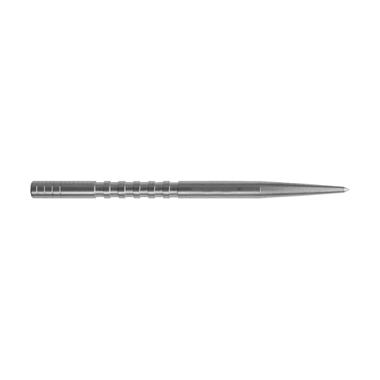 Puntas de dardo Condor Beak Point con corte Das Bild zeigt eine silberne Dartspitze mit feinen Rillen am hinteren Ende. Die Spitze ist lang und schmal geformt.