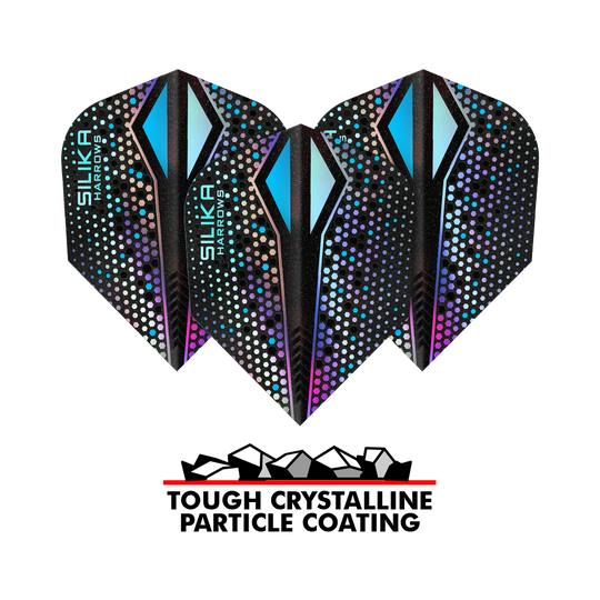 Plumas Harrows Silika Colourshift Tough Crystalline Coating Silver-X No6 Das Bild zeigt drei Harrows Silika Colourshift Tough Crystalline Coating Silver-X No6 Flights. Unten im Bild steht "TOUGH CRYSTALLINE PARTICLE COATING" mit einer Grafik von Kristallen.
