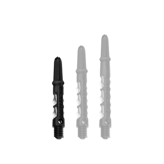 HR416_Harrows_Carbon_ST_Shafts_Clear_33mm_1Np7Tvmk3FvKGL Das Bild zeigt drei Harrows Carbon ST Shafts in transparenter Ausführung. Sie sind in unterschiedlichen Längen zu sehen und haben ein schwarzes und klares Design.