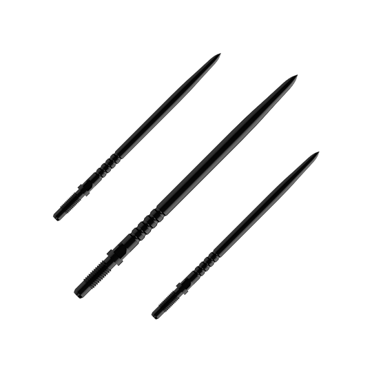 Puntas de dardo convertibles Bulls NL - Agarre anillado - Negro Auf dem Bild sind mehrere Dartspitzen zu sehen. Es handelt sich um ein Set BullsNL Convertible Points mit Ringed Grip in Schwarz und 40mm Länge.