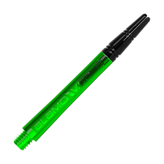 Varillas Harrows Alamo VS2 - Verde Dies ist ein grüner Dart-Schaft mit der Aufschrift "ALAMO VS2". Er hat ein schwarzes Gewindeende und misst 46 mm.