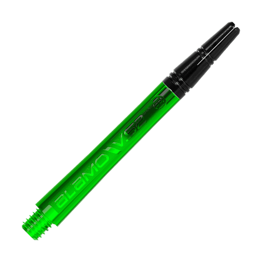 Varillas Harrows Alamo VS2 - Verde Zwei Dart-Schäfte mit identischer Ausführung sind abgebildet. Die Aufnahme fokussiert auf das Schaftprofil.