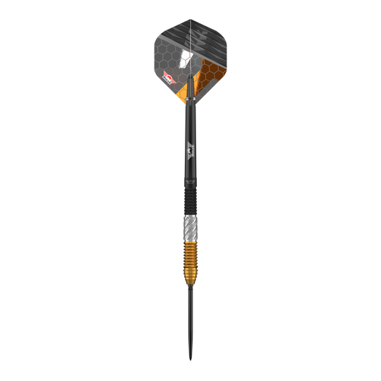 Abgebildet sind Bulls NL Dirk Van Duijvenbode 95% Convertible Points Steeldarts. Die Steeldarts sind robust und für Profis konzipiert.