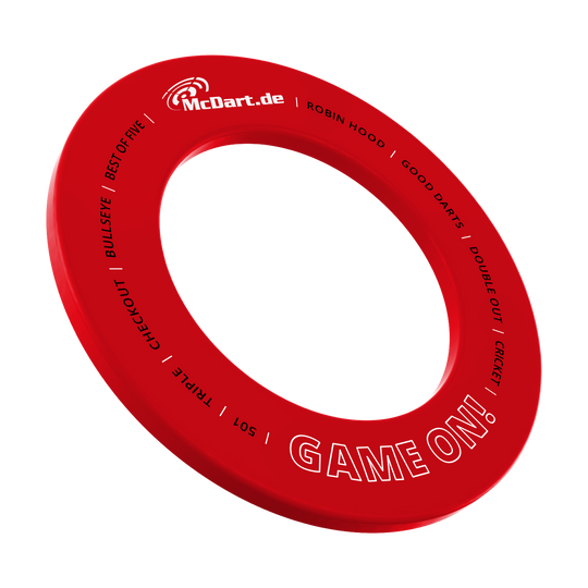 Juego McDart en sonido envolvente Das Bild zeigt eine rote Dartboard-Umrandung. Es handelt sich um die McDart Game On Dartboard Surround 2025 in Rot.