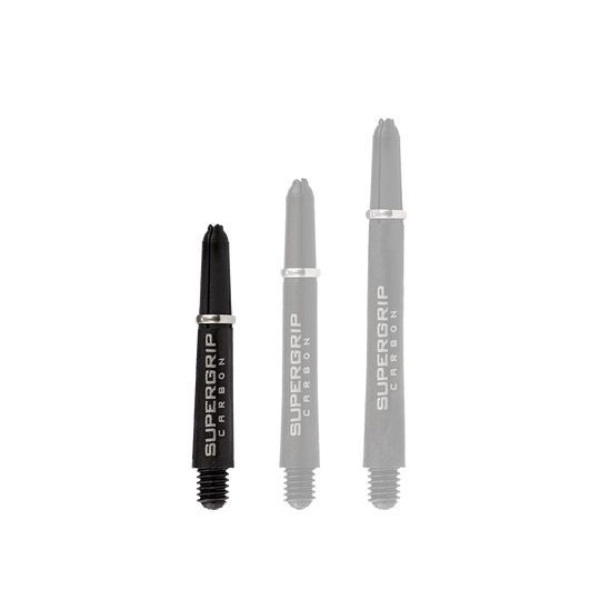 Das Bild zeigt drei schwarze Harrows Supergrip Carbon Shafts in unterschiedlicher Länge. Auf den Schäften steht in silberner Schrift "SUPERGRIP CARBON".