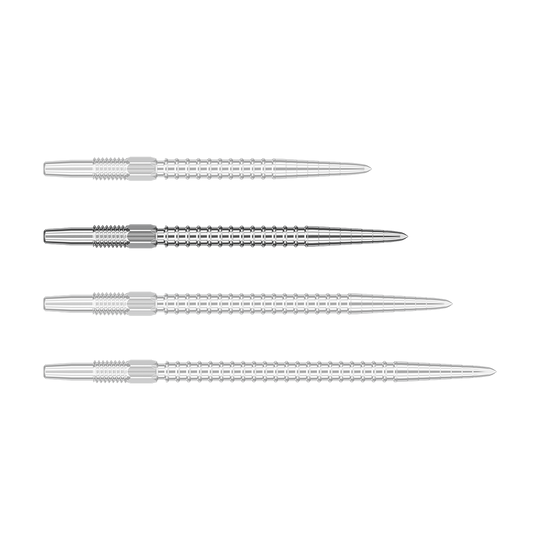 Puntas de dardos Target Swiss Point Chrono - Plateadas Das Bild zeigt vier silberne Dartspitzen in einer Reihe. Die Spitzen sind aus Metall und haben ein geriffeltes Muster.