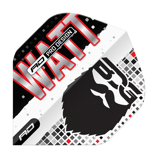 Red Dragon Hardcore Jason Watt BDG Premium No2 Vuelos Estándar Das Bild zeigt das Produkt "Red Dragon Hardcore Jason Watt BDG Premium No2 Standard Flights". Auf dem Flight sind der Name "WATT", ein stilisiertes Gesicht und das Logo "RD" zu sehen.