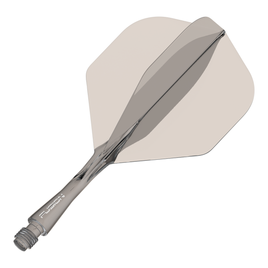 Sistema de eje de vuelo Winmau Fusion estándar Smokey Das Bild zeigt einen transparenten Dart-Schaft mit montiertem Flight. Der Schaft hat eine rauchgraue Farbe und die Aufschrift "Fusion" ist darauf zu sehen.