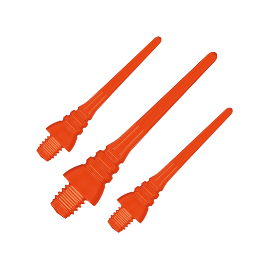 Winmau Triton Softtip Points Softdartspitzen (50-er Pack) Auf dem Bild sind drei orangefarbene Softdartspitzen mit Gewinde zu sehen. Sie sind für elektronische Dartscheiben geeignet.