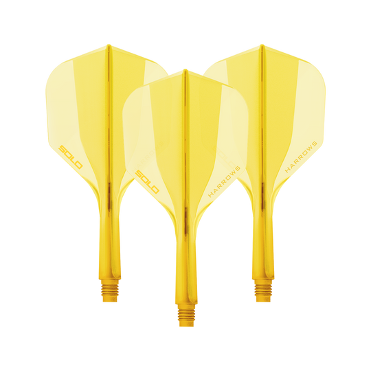 Sistema de eje de vuelo Harrows Solo No6 - Amarillo Ein gelbes Harrows Solo No6 Flight Shaft System, 20mm lang. Das Bild zeigt ein Dart Shaft Set in leuchtendem Gelb.
