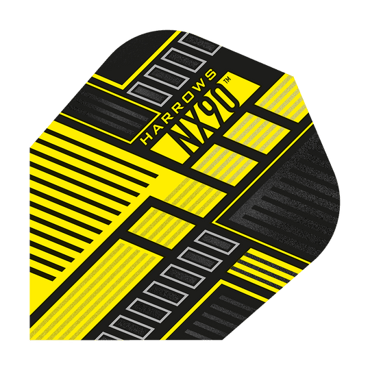 HR47_Harrows_Prime_NX90_Yellow_No6_Flights_1HJU4yaCvrFZZu Das Bild zeigt das Produkt "Harrows Prime NX90 Yellow Flights". Es hat ein modernes Design mit gelben, schwarzen und grauen Linien und Mustern.