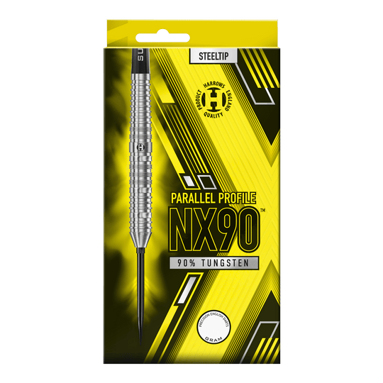 Dardos de acero de punta rápida paralela Harrows NX90 Das Bild präsentiert die Harrows NX90 Parallel Quick Point Steeldarts. Das Produkt ist für den Einsatz beim Steeldart geeignet.