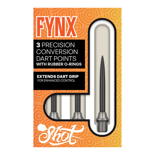 Puntos de conversión Shot Fynx - 32 mm Das Foto zeigt die Shot Fynx Conversion Points, 32 mm lang. Diese Dartspitzen ermöglichen ein einfaches Umwechseln der Pointen.