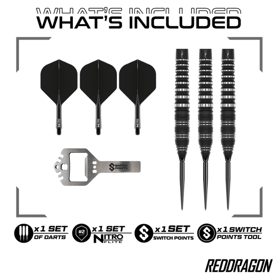 Dardos de acero Red Dragon Sable Torpedo Switch Point Hier sind Red Dragon Sable Torpedo Switch Point Steeldarts zu sehen. Diese Darts zeichnen sich durch ihre Torpedo-Form aus.