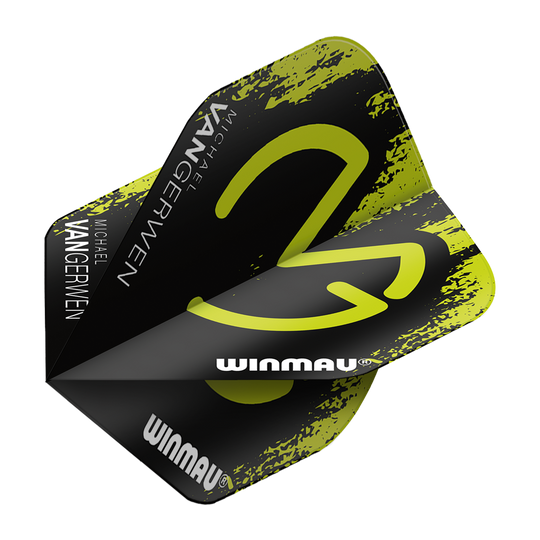 6900-234_Winmau_Mega_MvG_Green_Black_Standard_Flights_2 Das Bild zeigt ein Dart Flight mit dem Namen "Winmau Mega MvG Green Black Standard Flights". Das Flight ist schwarz mit grünen Akzenten und trägt den Schriftzug "Michael van Gerwen" sowie "Winmau".