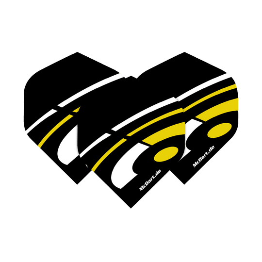 Vuelos estándar McDart ID - Amarillo Das Bild zeigt drei McDart ID Standard Flights in der Farbe Gelb. Die Flights haben ein schwarzes Design mit weißen und gelben Akzenten sowie dem Schriftzug "McDart.de".