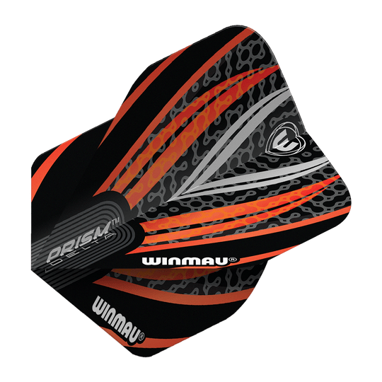 Winmau Prism Delta Negro Blanco Naranja No. 2 Vuelos Estándar Das Bild zeigt ein Winmau Prism Delta Flight in den Farben Schwarz, Weiß und Orange. Das Flight hat ein modernes, auffälliges Muster mit dem Winmau-Logo und Schriftzug.