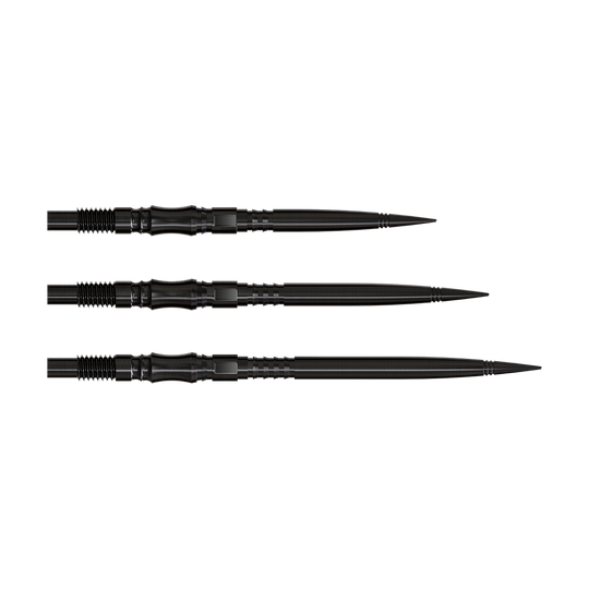 Harrows Quick Point Axis Elite Series Dartspitzen - Schwarz Abgebildet sind schwarze Dartspitzen mit deutlich erkennbarem Profil. Die Spitzen liegen sortiert nebeneinander.