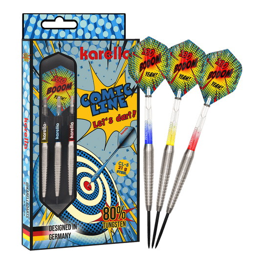 Dardos de acero Karella Comic Line CL-5 - 21 g Das Bild zeigt die Karella Comic Line CL-5 Steeldarts - 21g. Es handelt sich um ein Set moderner Steeldarts mit auffälligem Design.