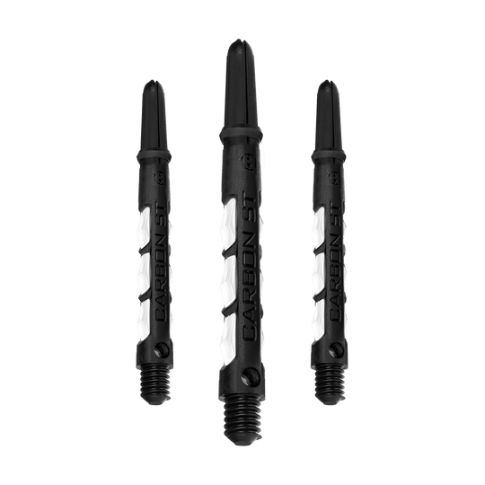 HR439_Harrows_Carbon_ST_Shafts_Weiss_47mm_13is9Gn9iaXzdc Das Bild zeigt drei Harrows Carbon ST Shafts in Weiß. Die Dartschäfte sind schwarz mit weißen Akzenten und dem Schriftzug "CARBON ST".