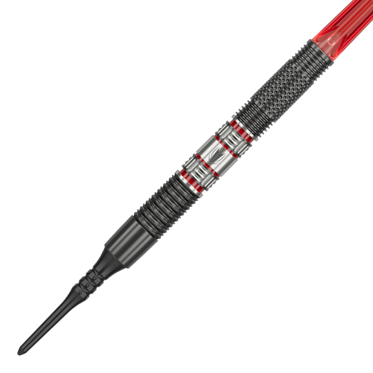 Dardos blandos Target Gabriel Clemens 95K - 19 g Das Bild zeigt einen Target Gabriel Clemens 95K Softdart mit einem Gewicht von 19 Gramm. Der Dart hat ein auffälliges Design mit silbernen, schwarzen und roten Elementen.