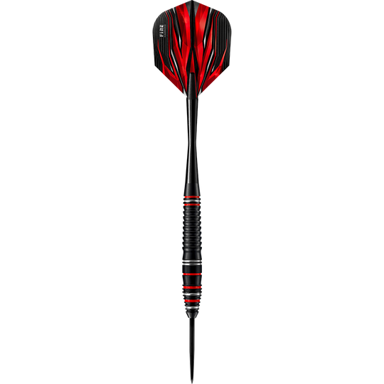 HA28825_Harrows_Fire_High_Grade_Alloy_Steeldarts_1lMWoNqs4Qb8ck Auf dem Bild ist der Harrows Fire High Grade Alloy Steeldart zu sehen. Der Dartpfeil hat ein auffälliges Design in Schwarz und Rot.