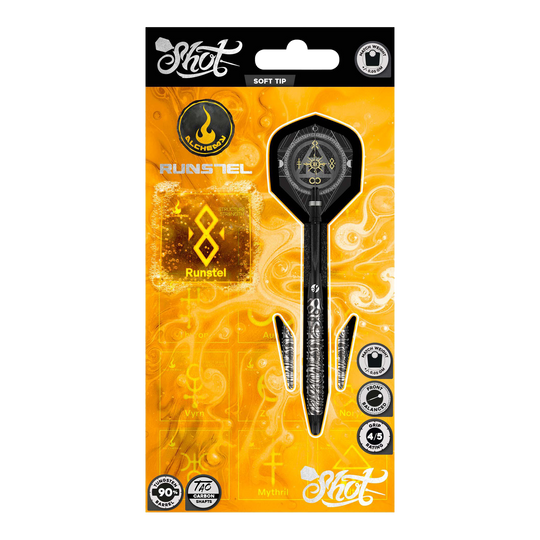 Dardos blandos Shot Alchemy Runstel - 20 g Das Foto zeigt die 20g Shot Alchemy Runstel Softdarts. Die Darts sind ideal für Spieler, die Wert auf Qualität legen.